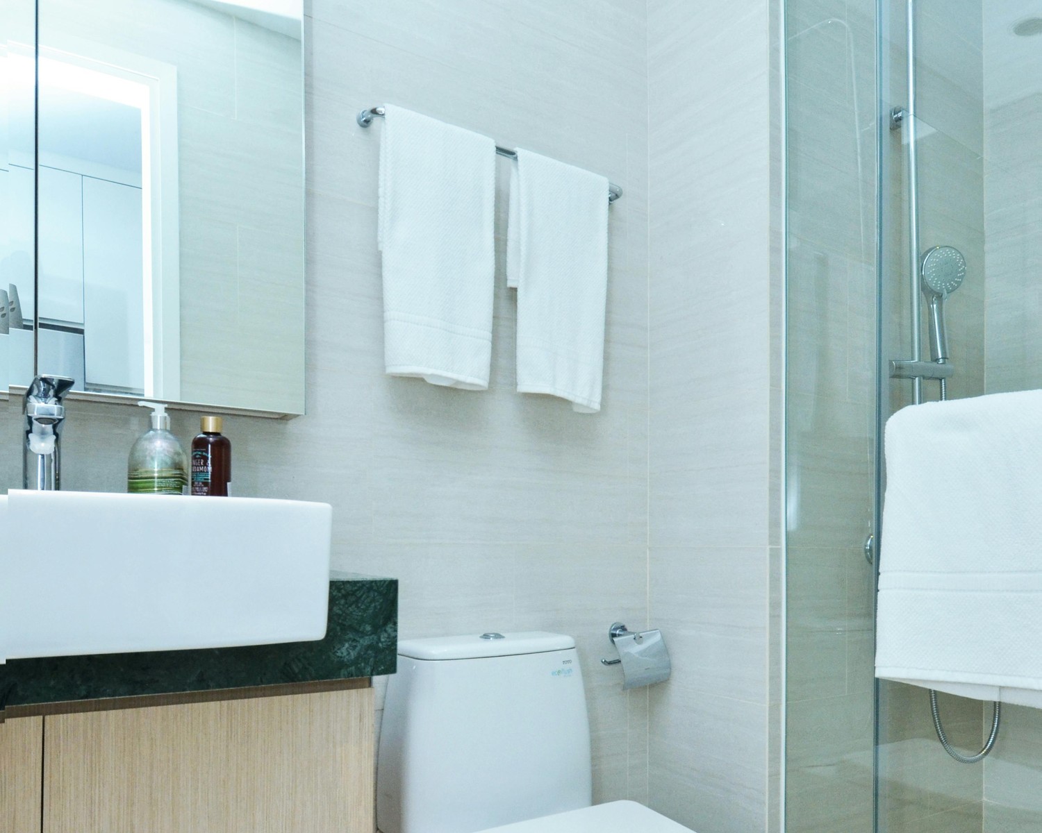 Bathroom after safety upgrades with cleaner movement and improved support planning
